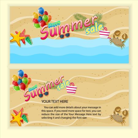 Template for summer sale. Top view on Summer decoration with realistic objects on beach.のイラスト素材