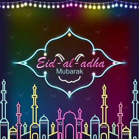 Eid Mubarak poster, banner or greeting card design. Vector illustration of abstract light background with glowing neon. Eid al-Adha. the sacrifice a ram, trendy modern graphic design.のイラスト素材