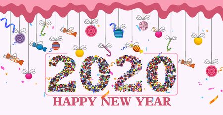 Happy New Year 2020. New Year's original, modern greeting with candies. new year party ticket concert invitation, show, coupon, ticket, pass admission entry banner.のイラスト素材