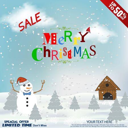 Merry Christmas Greeting Card with snow man, Illustration can be used for Christmas design, posters, cards, websites and headers.のイラスト素材