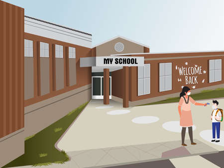 Back to school illustration with covid instraction, School, teacher character with school realistic building templateのイラスト素材