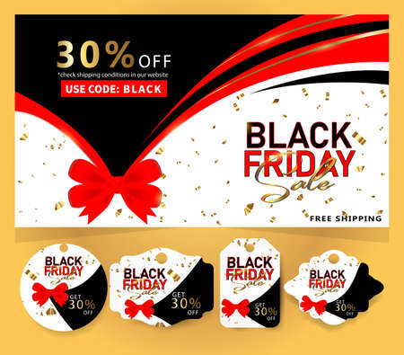 Black Friday sale, website banner, poster, tag, logo Background red ribbon bow. 30% discount Vector illustration.のイラスト素材