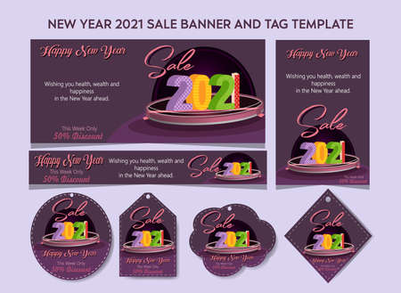 2021 happy new year sale banners and tags for website and advertisement with 3d text and stage big sale stickers.のイラスト素材