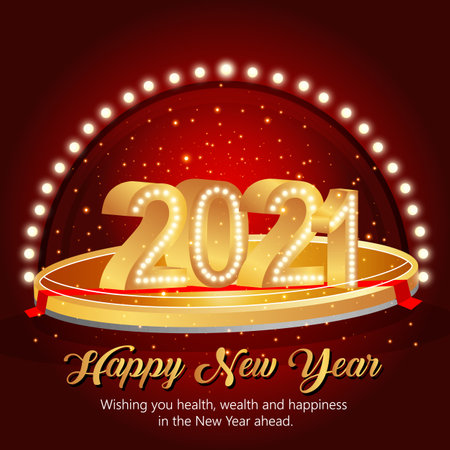 Happy New 2021 Year wishes Holiday vector illustration of golden metallic 3d numbers with stage, spot lights and red backgroundのイラスト素材