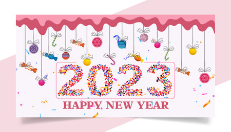 Happy New Year 2023 New Year's original, modern greeting with candies. Background, Card, Banner, Flyer Or Christmas-Themed Invitations.のイラスト素材