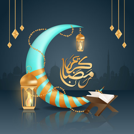 3d modern Islamic holiday banner template background with beautiful lanterns and crescentのイラスト素材