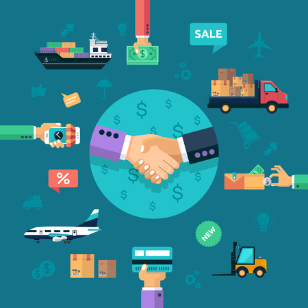 Logistic and delivery concept poster with worldwide transportation and storage. Abstract vector illustration with set elements of transportation and delivery.のイラスト素材