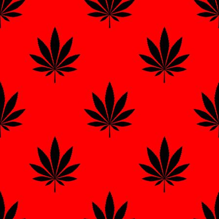 Cannabis vector illustration. Minimalist seamless pattern. 
Wrapping paper. Black leaves on red backgroundのイラスト素材