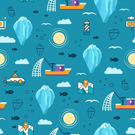 Seamless pattern with iceberg, ship, sun, fish and 
submarine.vector illustrationのイラスト素材