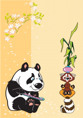 peaceful panda with fife and raccoon in meditationのイラスト素材