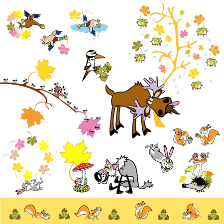 set of playful autumn pictures with wild animalsのイラスト素材