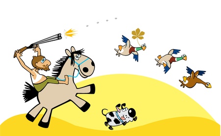 cartoon picture with hunter hunting wild ducks isolated children illustrationのイラスト素材