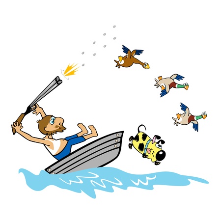 boating aged man hunting wild ducks,cartoon illustration on white backgroundのイラスト素材