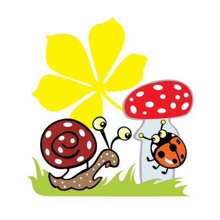 snail, lady bird and fly agaric isolated image on white background children illustrationのイラスト素材