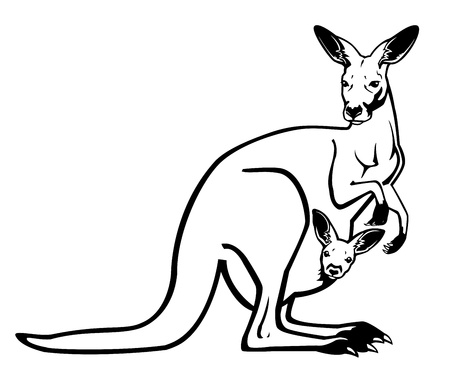 standing kangaroo female with joey in pouch black and white isolated imageのイラスト素材