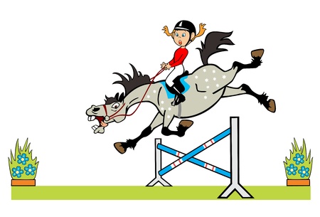 cartoon image of little girl with happy pony horse jumping a hurdle children illustration isolated on white backgroundのイラスト素材