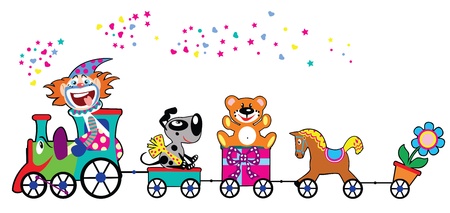 cute colourful train with gifts,toys and driver clown,children vector illustration isolated on white backgroundのイラスト素材