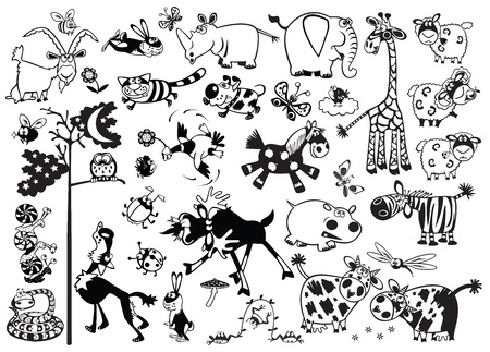 big cartoon set of childish most popular animals,black and white vector pictures for little kidsのイラスト素材