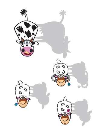 cartoon cow and sheep with shadows isolated on white background,children vector picturesのイラスト素材