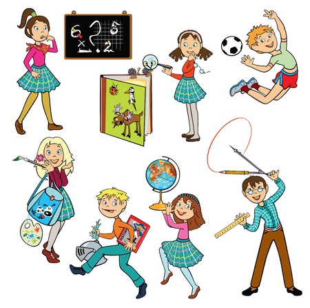 vector set with schoolchildren,children pictures isolated on white backgroundのイラスト素材