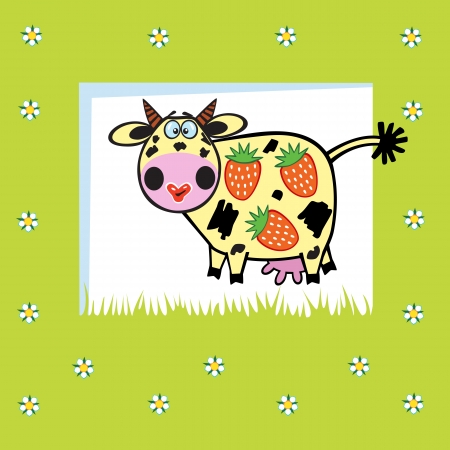 cute fruity cow with  strawberries,children vector illustration on green background,picture for babies and little kidsのイラスト素材