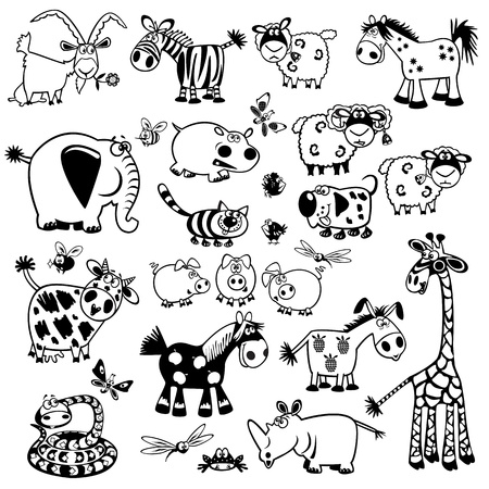 set cute childish animals,black and white vector pictures,children illustration,collection of images for babies and little kidsのイラスト素材