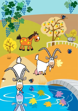 childish autumn landscape with goats and horse in garden,children vector illustration for little kidsのイラスト素材