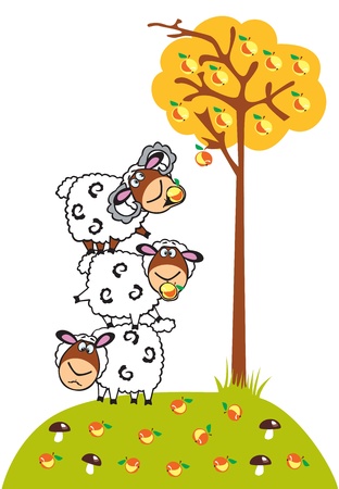 three cartoon sheep and apple tree,children vector picture isolated on white backgroundのイラスト素材