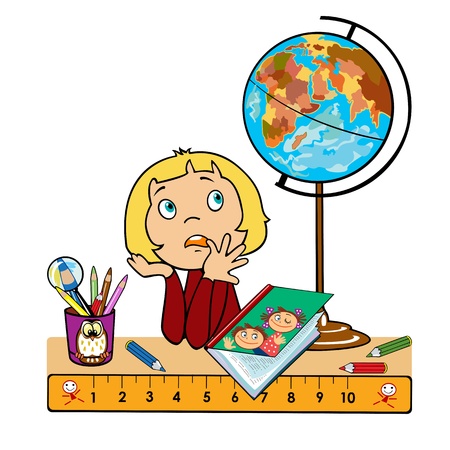 school girl sitting at table with globe,book and cup with pencils,children illustration,picture isolated on white backgroundのイラスト素材