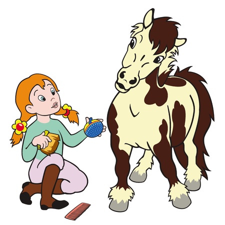 horse care,girl grooming pony,child rider,equestrian sport,cartoon image isolated on white background,のイラスト素材
