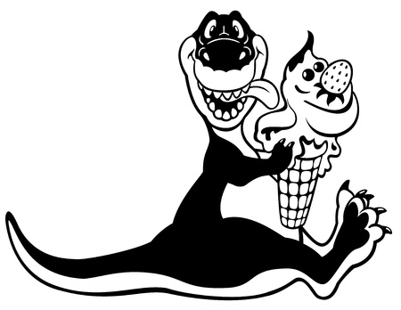 dinosaur eating ice cream,black and white cartoon picture isolated on white background,children illustration,image for little kidsのイラスト素材