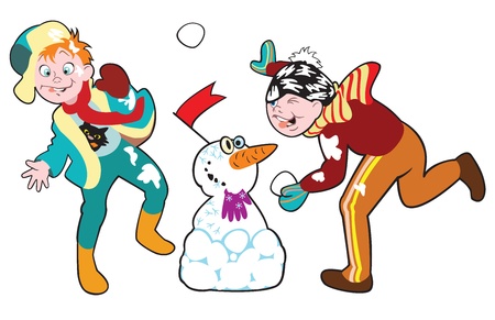 children playing with snowballs,vector picture isolated on white background,illustration for little kidsのイラスト素材