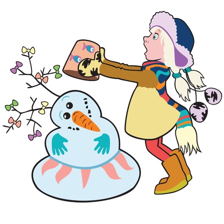 child building a snowman,vector picture isolated on white background,illustration for little kidsのイラスト素材