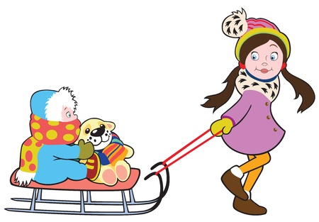child with sledge,vector illustration isolated on white background,picture for litle kidsのイラスト素材