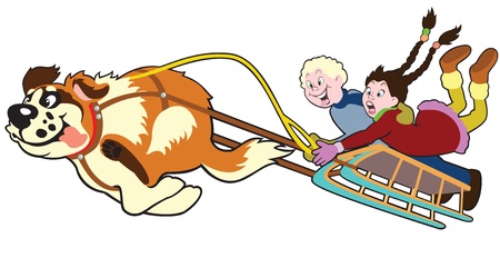 dog pulling sledge with children,cartoon image isolated on white background,illustration for little kidsのイラスト素材