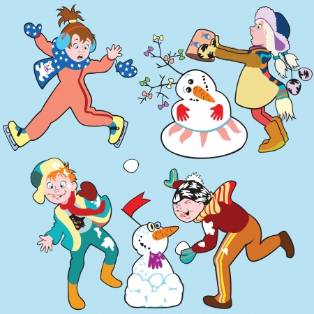 set with children in winter,cartoon pictures for little kids,vectorのイラスト素材