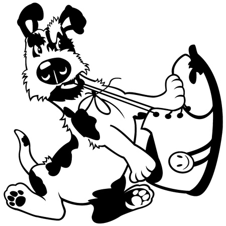 dog gnaw shoe,black white cartoon image isolated on white background, illustrationのイラスト素材