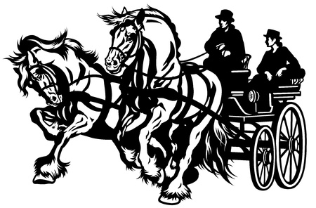 pair horses drawn carriage black and white isolated illustrationのイラスト素材