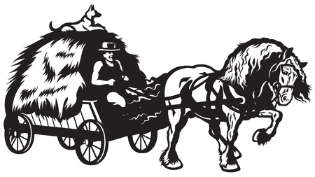 rural horse drawn cart with hay, black and white illustrationのイラスト素材