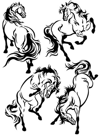 set of horse tattoo ,black and white illustrationのイラスト素材