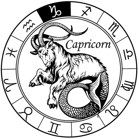capricorn astrological zodiac sign, black and white tattoo imageのイラスト素材