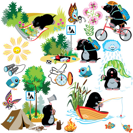 cartoon set with mole in camping, difference situation,isolated images for little kidsのイラスト素材