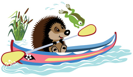 cartoon hedgehog padding in a kayak, isolated image for little kids のイラスト素材