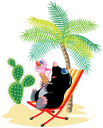 cartoon mole relaxing on chair in tropical beach and eating ice creamのイラスト素材