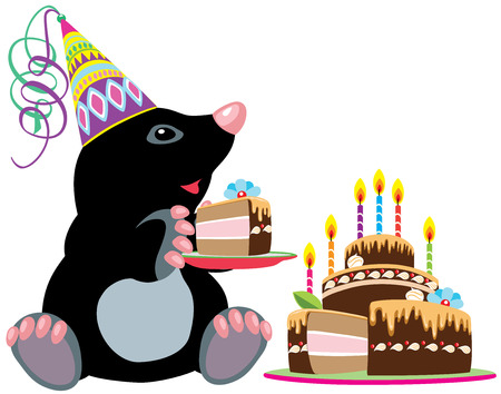 cartoon mole holding a piece of birthday cake, isolated image for little kids のイラスト素材