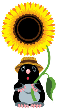 cartoon mole holding a sunflower, isolated image for little kidsのイラスト素材