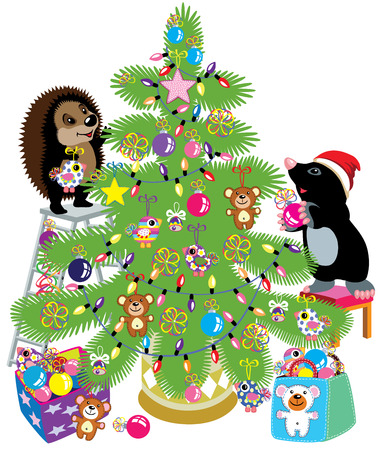 cartoon mole and hedgehog decorating a christmas tree, picture for little kidsのイラスト素材
