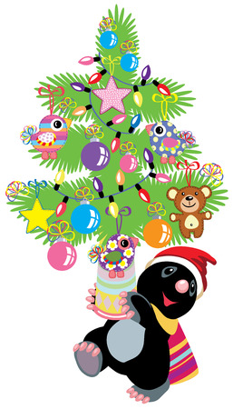cartoon mole holding a christmas tree, isolated picture for little kidsのイラスト素材