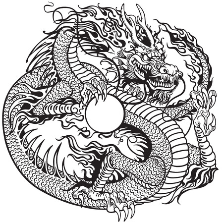 chinese dragon holding pearl, black and white tattoo illustrationのイラスト素材