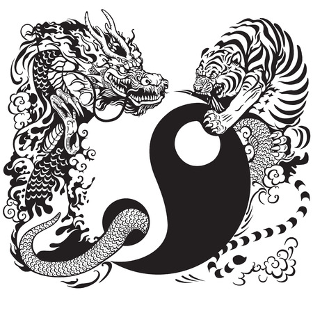 yin yang symbol with dragon and tiger fighting, black and white tattoo illustrationのイラスト素材